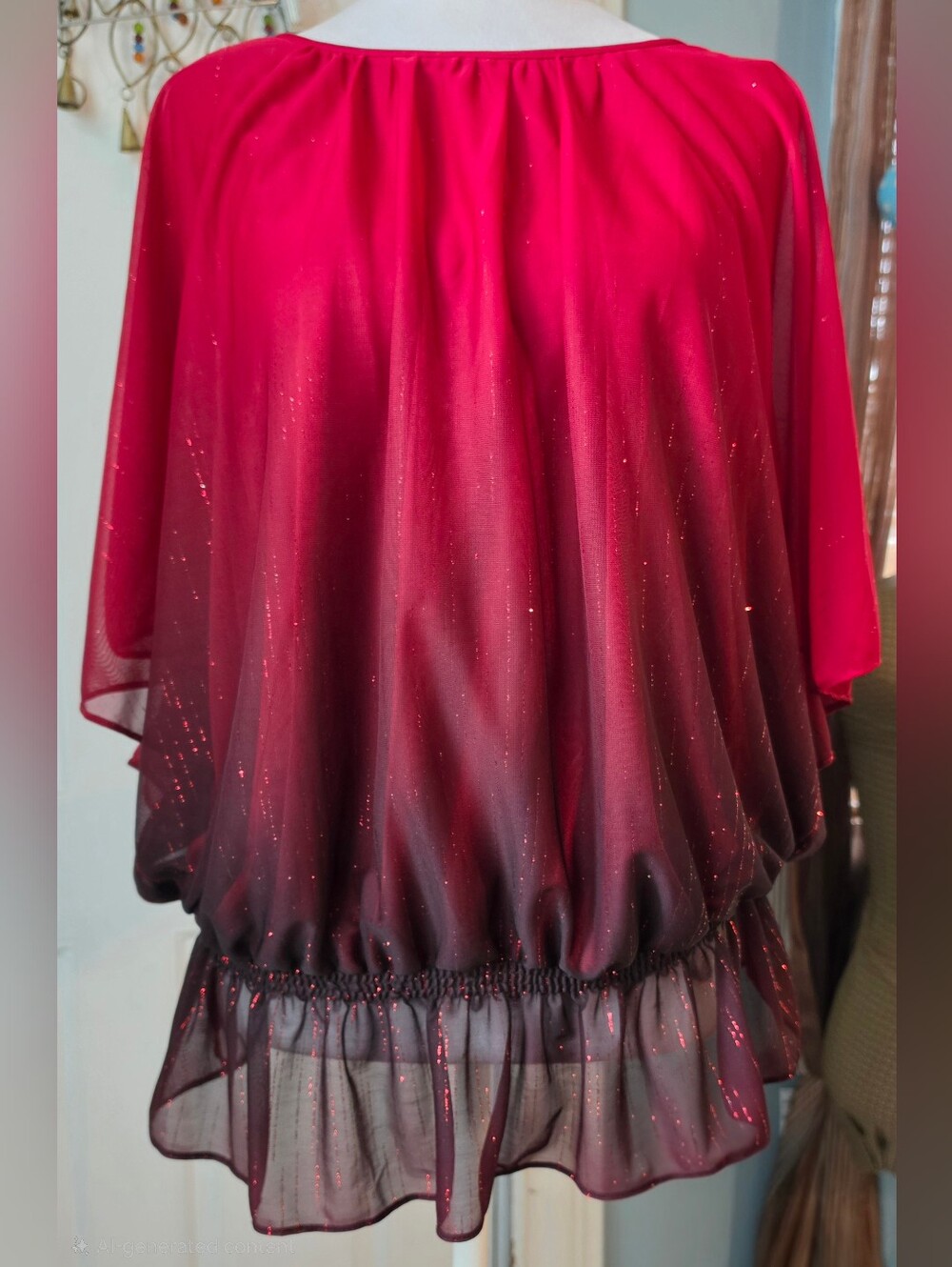 Roz & Ali Sheer Sparkley Elastic Bottom Blouson Top Womens 2X Red Black Ombre Sh